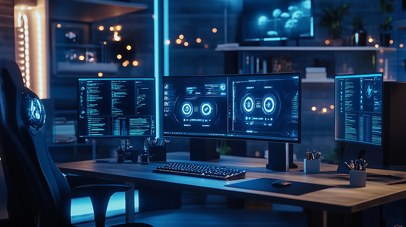 an ai news computers, multiple screens and office desk with moody lighting