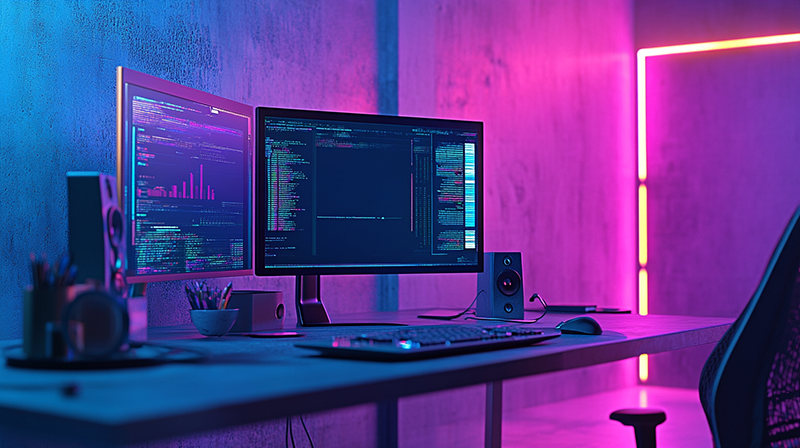 an ai news computer and office desk with moody lighting